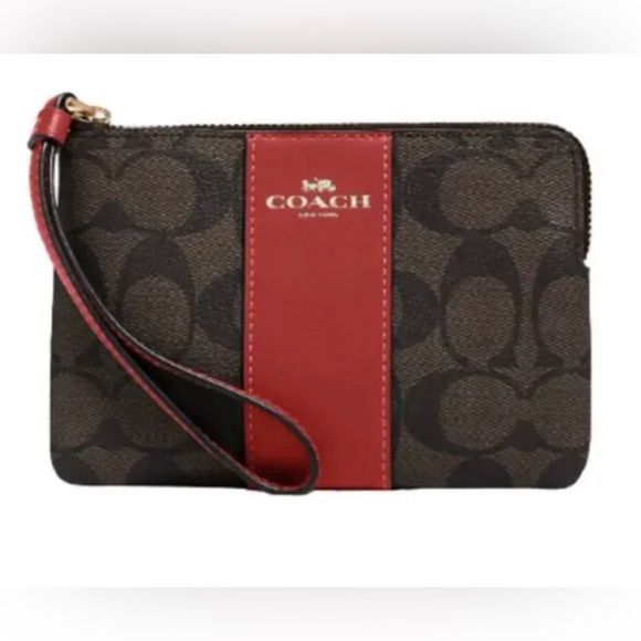 Coach Corner Zip Wristlet In Signature Canvas Brown / Red 58035 - NEW - Picture 2 of 3